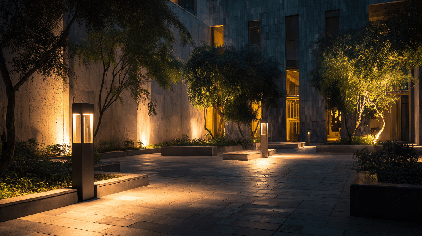 Illustrative illuminated outdoor courtyard