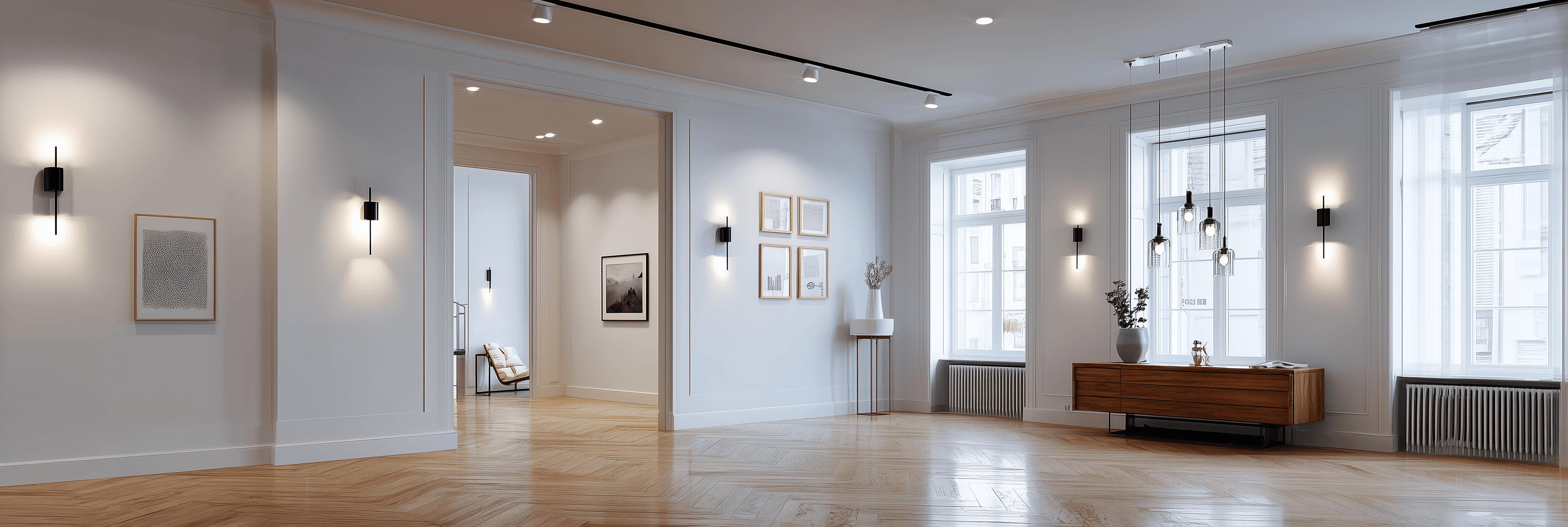 Illustrative residential interior with layered lighting