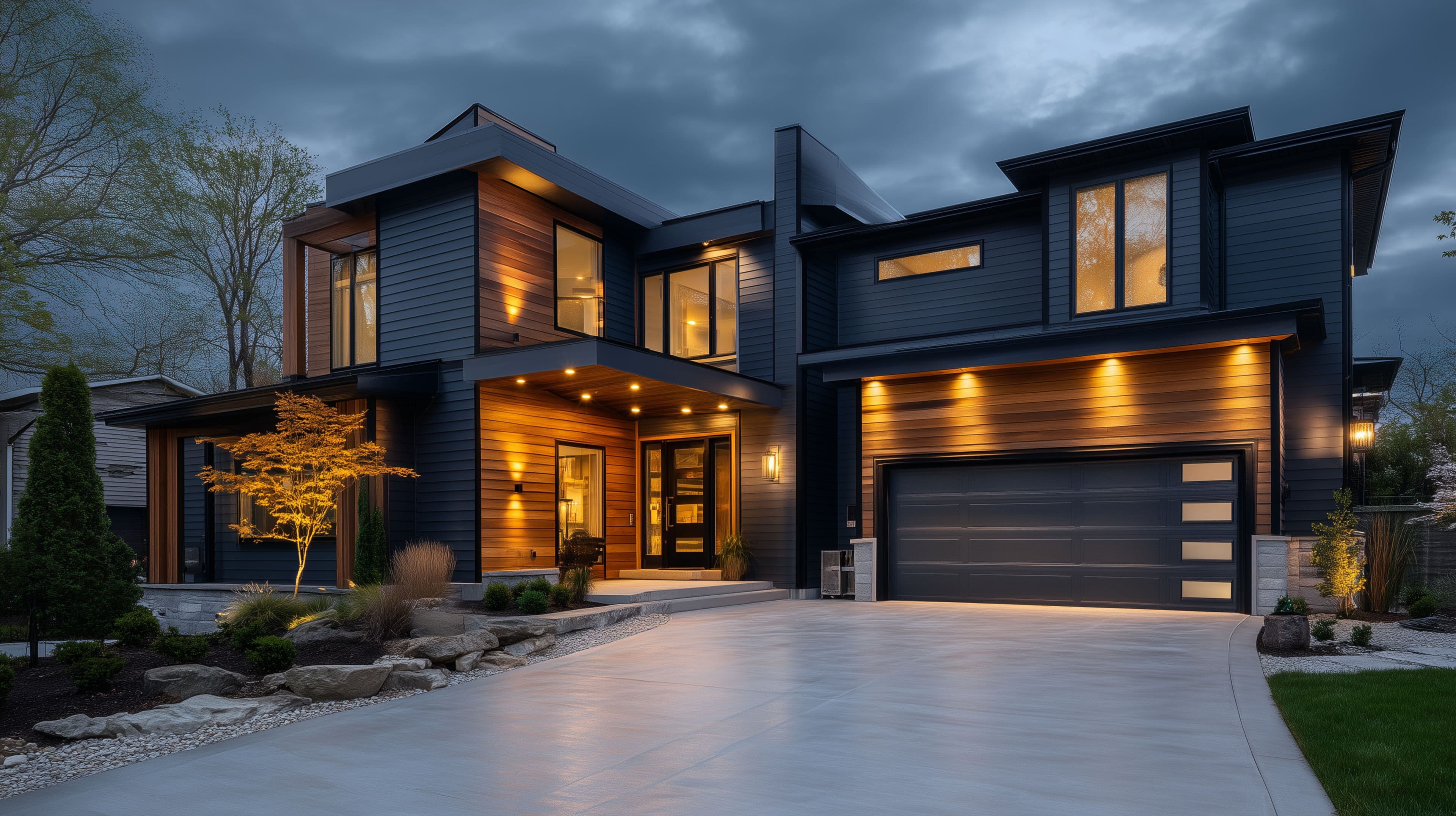 Illustrative home exterior with warm architectural lighting
